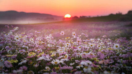 Fototapeta premium Painted Daisies Field Silhouetted Against a Vibrant Sunrise with Rolling Hills