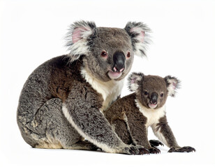 Naklejka premium Two Koalas. Baby and Mother Koala. Wildlife Animals. Zoo Animals. Isolated White Background.