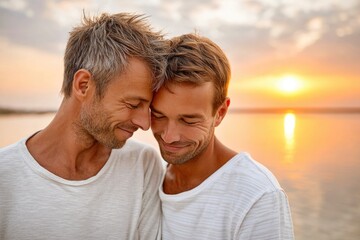 Obraz premium Loving Couple Embracing at Sunset by the Water
