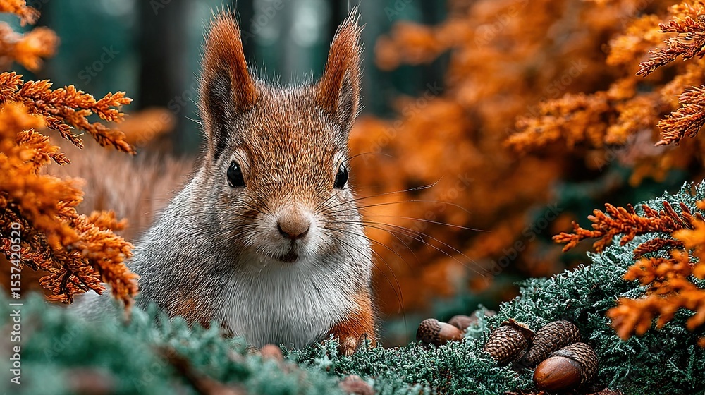 Canvas Prints a close-up of a squirrel in a pine-cone-surrounded tree, with a blurred background