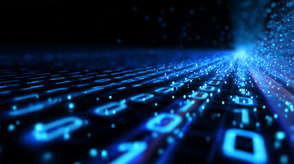 Abstract binary code and glowing particles stream rapidly across a dark digital landscape, representing data communication and technology.
