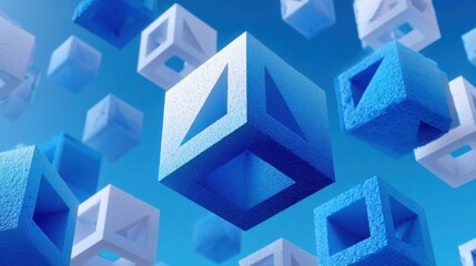 Obraz premium A group of blue and white cubes are floating in the air, with the blue cubes being larger than the white cubes. The cubes are arranged in various sizes and positions, creating a dynamic
