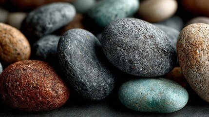   A stack of black, green, brown, and blue rocks sits on top of a black surface alongside a pile of gray rocks