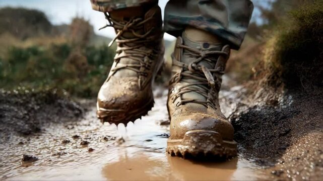 Muddy combat boots in the mud at the music festival