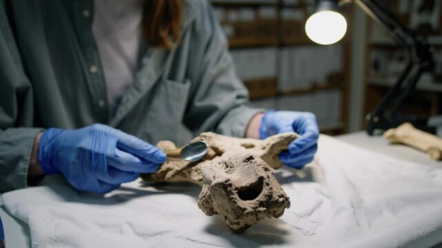 Paleontologist carefully examining dinosaur bones in laboratory