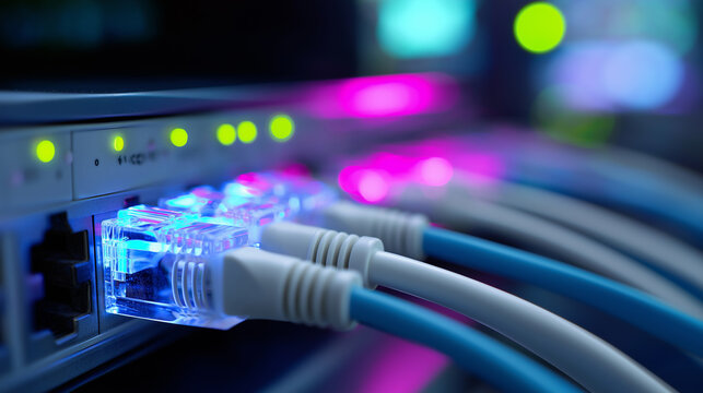 A close-up view of glowing red and blue network cables plugged into a server, symbolizing high-speed data transfer and internet connectivity.