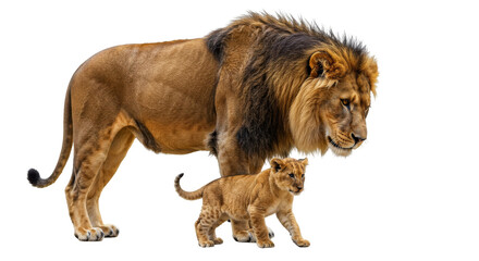 Fototapeta premium Lion With Cub walking isolated on transparent background, Lion PNG 