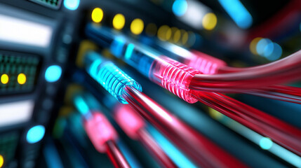 A close-up view of glowing red and blue network cables plugged into a server, symbolizing high-speed data transfer and internet connectivity.
