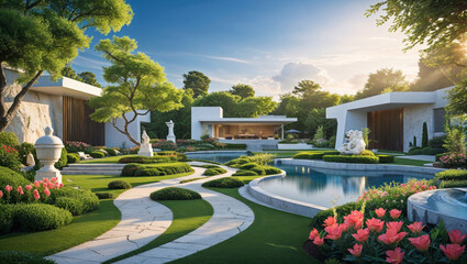 Elegant modern home with a stunning garden, pond, and beautiful landscape under a blue sky.