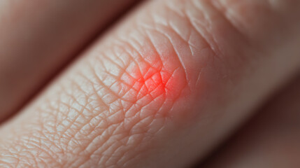 Fototapeta premium Close-up of skin irritation showing redness, indicating inflammation or allergic reaction, highlighting skin health concerns. Could be sunburn or other issue.