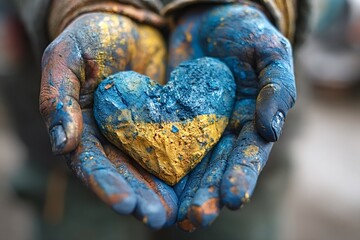 Worker's hands, stained with blue and yellow paint, gently holding a heart shaped rock, symbolizing support for ukraine during times of conflict and resilience