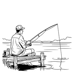 Man fishing, relaxed, on dock by the lake, peaceful setting, line art, leisure activity