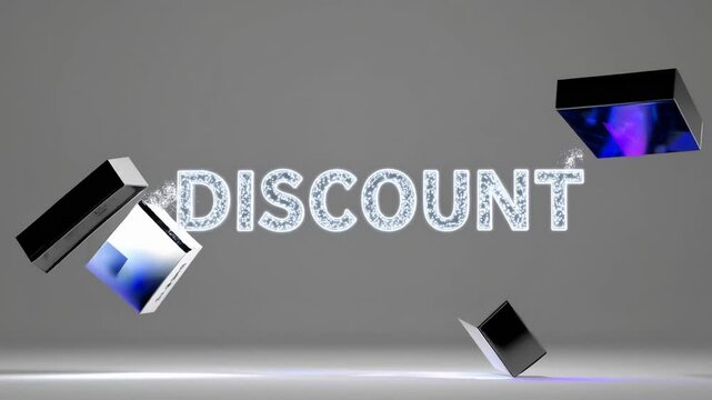 Discount word exploding into shiny metallic and glass cubes
