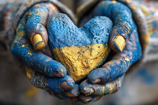 Hands covered in blue and yellow paint gently holding a heart shaped object also painted in ukrainian flag colors, symbolizing love and support for ukraine - Powered by Adobe