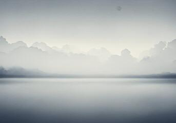 Fototapeta premium Serene Misty Lake Landscape with Soft Clouds - Minimalist Asian Inspired Nature Scene for Meditation, Wall Art, and Calming Backgrounds