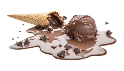 A spilled and melting chocolate-flavored ice cream cone on the floor isolated