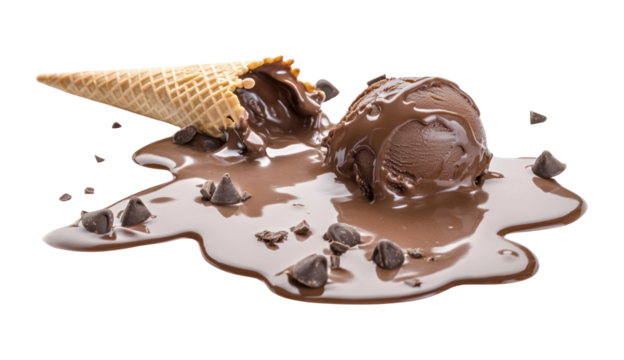 A spilled and melting chocolate-flavored ice cream cone on the floor isolated