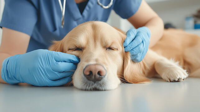 Veterinarian examining a golden retriever dog with blue gloves. The dog is lying down and appears calm during the examination.