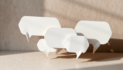 Conceptual communication scene with white speech bubbles and soft lighting
