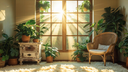 A sun-drenched living space filled with plants and a comfortable wicker chair.