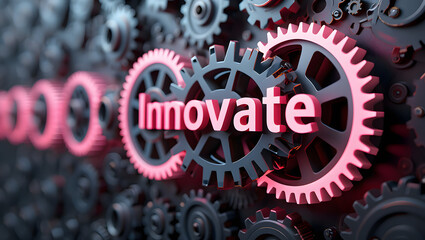 Crimson gears mesh, driving the word innovate in a complex machine