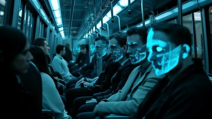 Commuters sit quietly on a subway train, their faces illuminated by a soft blue glow. The environment highlights urban nightlife, creating a surreal digital art impression of the journey
