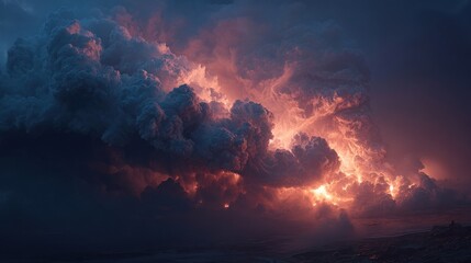 A large cloud of smoke is billowing into the sky. The sky is dark and the clouds are pink