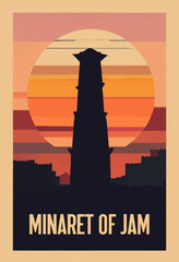 Minimalist Architectural Landmark Silhouette in Warm Sunset Tones with Copy Space