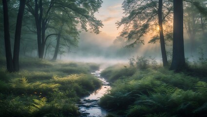 Obraz premium Stream Flowing Through Misty Forest at Sunrise with Sun Rays