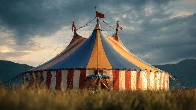 Colourful circus tent on green meadow against a colorful sunset sky