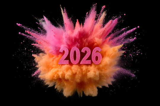 Colorful Explosion for 2026: A vibrant burst of orange and pink powder forms around the numbers "2026" against a black backdrop, symbolizing a bright future.