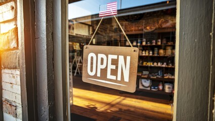Vintage storefront with “OPEN” sign and small U.S. flag taped to the window, lit by warm sunrise. Symbol of local business and American-made pride