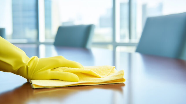 A hand wearing a yellow protective glove wipes down a white office table with a yellow microfiber cloth, emphasizing cleanliness in a corporate setting.
