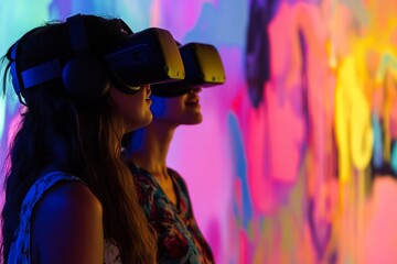 A couple attending a virtual reality art exhibition showcasing digital artworks and installations, symbolizing creativity and cultural immersion in digital art scenes, Contemporary lifestyle scene