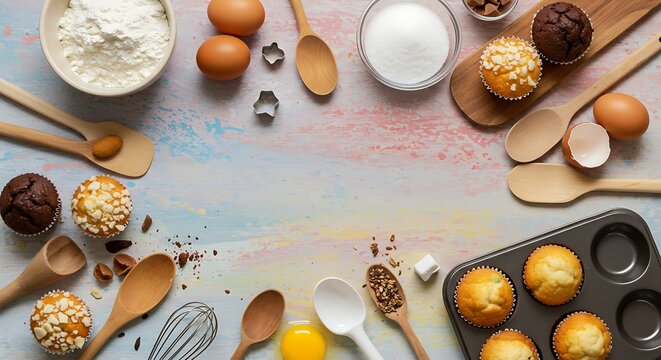 Baking or cooking colorful background. Ingredients, kitchen items for baking. Kitchen utensils, flour, eggs, sugar and muffins. Text space, top view.