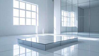Obraz premium Reflective Platform in a Minimalist White Room