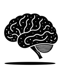 Stylized black and white illustration of a brain with decorative elements on a clean background with copy space