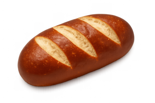 Golden-crusted pretzel roll with signature slashes, resting on clean transparent background, highlighting bakery craftsmanship