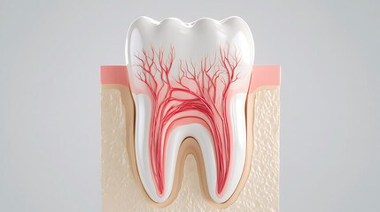 Cross-section of a tooth showcasing its anatomy, including enamel, dentin, pulp, and root canal. Perfect for dental education and healthcare visuals.