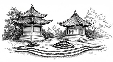 Hand-drawn sketch of two asian pagodas surrounded by a garden