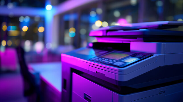 A modern office printer or copier machine is illuminated by vibrant pink and blue neon lights, suggesting a futuristic or creative workspace.
