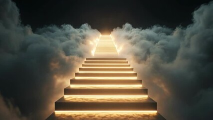 A glowing stairway ascends into a dark sky filled with billowing clouds under a mystic atmosphere. The light creates an ethereal and dreamlike scene, inviting exploration