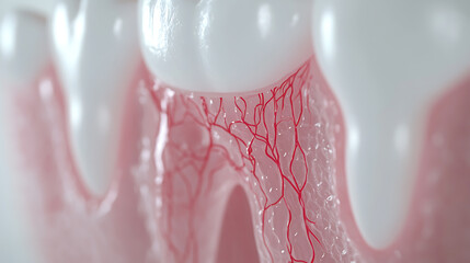 Fototapeta premium Dental Anatomy Close-Up: A detailed view of the gums, blood vessels, and enamel showing the intricate structure of dental tissue.