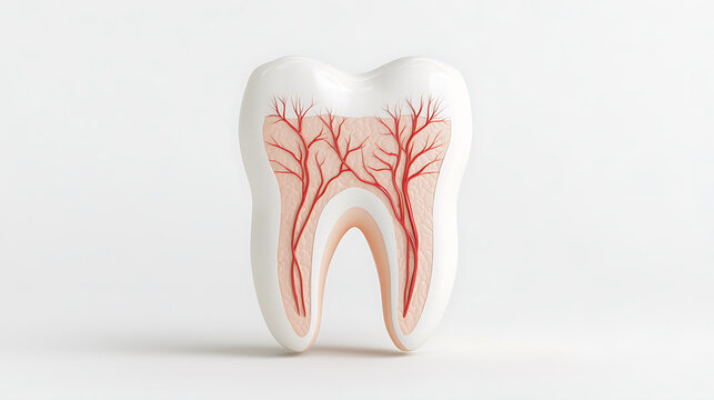 Detailed tooth anatomy featuring enamel, dentin, pulp, and blood vessels, showcasing internal dental structure for educational or medical purposes.