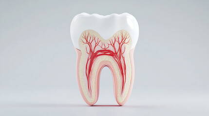 Tooth Cross-Section: Anatomical illustration highlighting enamel, dentin, pulp, and blood vessels for educational or dental contexts.