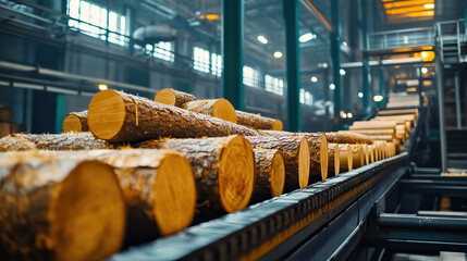 Automated wood processing line with logs on conveyor belts