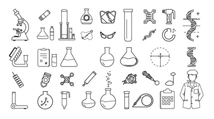 Outlined science laboratory equipment and tools including microscope beakers dna and a scientist figure created with generated ai