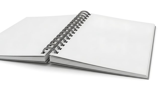 An open spiral bound notebook with blank white pages on a white background