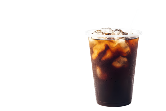 Iced coffee in plastic takeaway glass isolated on white background with copy space