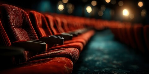 Empty red theater seats create an inviting atmosphere for moviegoers in a local cinema during the evening